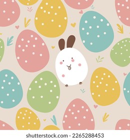 Flat Style Cute Cartoon Bunny Or Rabbit With Dotted Colorful Egg Shapes And Leaves Seamless Beige Background. Happy Easter Day Concept.