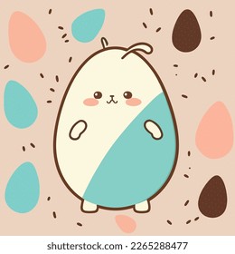 Flaches Cute-Cartoon-Hasen- oder Kaninchenfigur mit bunten Ei-Formen und Petalen-Dekorationen auf beigem Hintergrund. Frohe Ostertageskonzeption.
