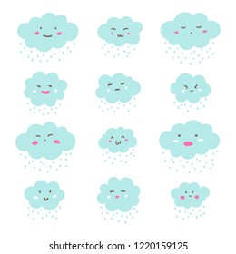 Flat style cute clouds with funny doodle kawaii emoji smiley faces and rain drops, snow. Emoticons set, collection with various facial expressions, emotions - anger, distrust, surprise, shame, joy.