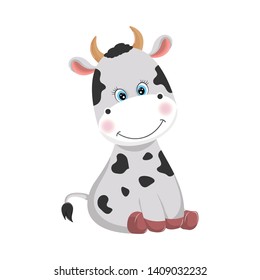 Flat  style of a cute funny  cow. Cartoon farm domestic  mammal. Isolated objects on white background. Modern design concept for children t-shirt.
