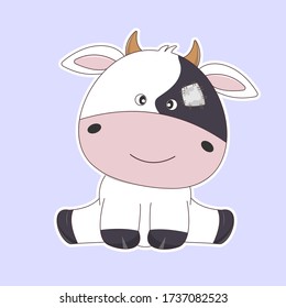 Flat  style of a cute funny  cow. Cartoon farm domestic  mammal. Isolated objects on blue background. Modern design concept for children t-shirt.
