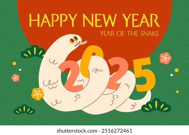 Flat style cute and modern simple New years greeting card, 2025 year of the snake illustration.