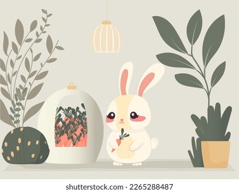 Flat Style Cute Rabbit Or Bunny Character Carrot Holding With Jar, Leaves Plants Decorative Grey Background And Hanging Pendant Lamp. Happy Easter Day Concept.