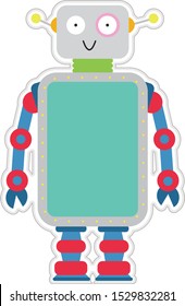 Flat style cute smiling robot. Funny colorful toy robot on white background. Can be used for birthday invitation, mobile application, kids birthday decoration