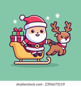 Flat style cute vector mascot of Santa Claus and reindeer. Magic santa's sleigh brings christmas gifts