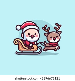 Flat style cute vector mascot Santa Claus moving riding reindeer. Magic sled