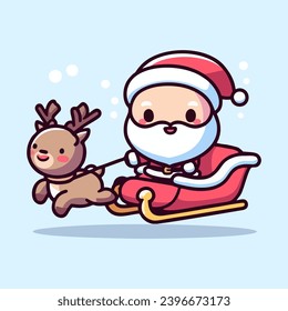 Estilo plano linda mascota vectorial Santa Claus moviéndose en su reno. Giro mágico