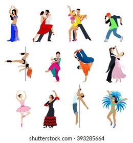 Flat Style Dancing Dancer People Icon Set. Young Male Female Arts Human Collection. Belly Dance Flamenco Tango Cha-cha-cha Brake Pole Classic Ballet Brazilian Carnival.