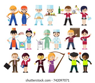 Flat style decorative figures set of similar isolated children characters doing different jobs in appropriate uniform vector illustration