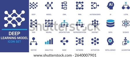 Flat style deep learning and AI model icons including neural networks, CNN, RNN, GAN, algorithm, data science, and analytics. Perfect for tech, research, and innovation themes.



