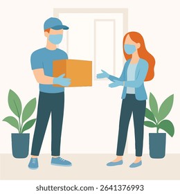 Flat Style Delivery Man Giving Package to Woman With Face Mask, COVID-19 Illustration