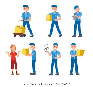 Flat style delivery man in uniform set isolated on white. Packaging service worker characters. 