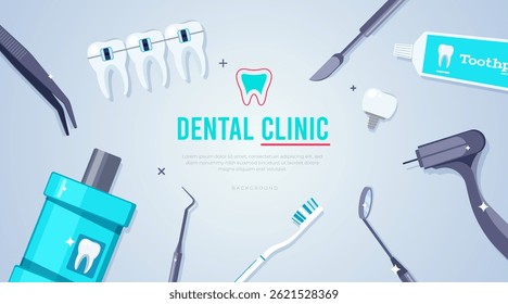 Flat style dental clinic vector background with teeth, toothbrush, toothpaste, mouthwash, dental tools, and implants. Bright and modern healthcare illustration for medical or clinic promotions