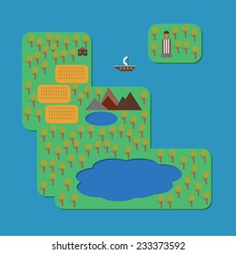Flat style design background with farm, boat, lighthouse, lakes and mountains.