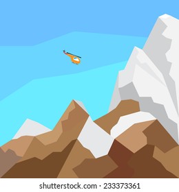 Flat style design background with mountains and flying helicopter.