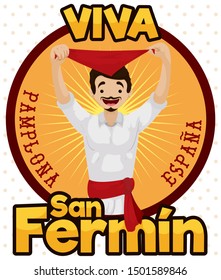 Flat style design with button and young bearded man holding a red kerchief, ready to celebrate San Fermin Festival in Pamplona, Spain (texts written in Spanish).