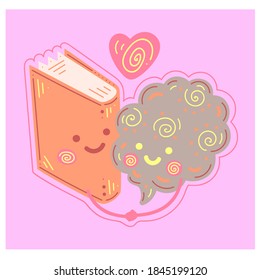Flat style design of character brain for knowledge, education. Funny flat vector illustration of pink happy brain hugging with book on pink background with heart. Enjoyable education brain  