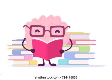 Flat style design of character brain for knowledge, education. Vector illustration of pink happy brain with glasses reading a book on white background with pile of books. Enjoyable education brain