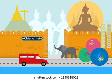 Flat style design of Chiangmai Thailand with travel Northern culture concept design for brochure poster website book cover artwork