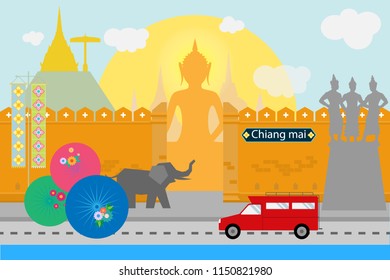 Flat style design of Chiangmai Thailand with travel Northern culture concept design for brochure poster website book cover artwork svg