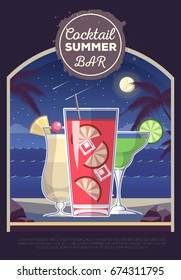 Flat style design of cocktail summer bar. Cocktail menu