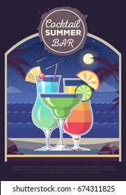 Flat style design of cocktail summer bar. Cocktail menu