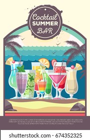 Flat style design of cocktail summer bar. Cocktail menu