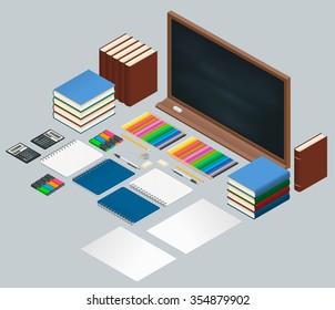 Flat style design concept of creative office workplace, workspace. Icon collection in stylish colors of business work flow items and elements, office things,equipment, objects. Vector illustration. 
