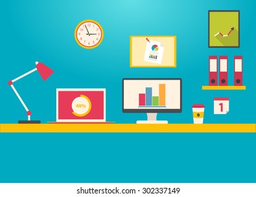 Flat style design concept of workspace.

