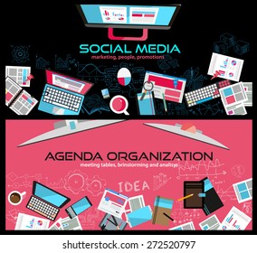 Diseño de estilo plano Conceptos de estrategia empresarial, finanzas, lluvia de ideas, gestión, recursos humanos, contratación, mesa de reuniones, formación del personal.Ideal para material impreso o banners web.