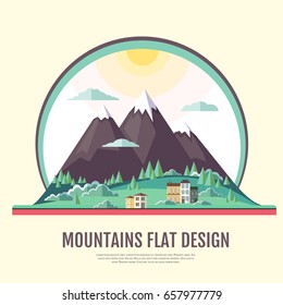Flat style design of countryside mountains landscape. 