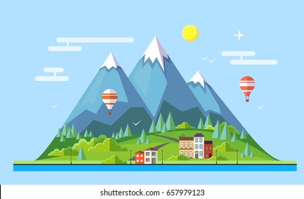 Flat style design of countryside mountains landscape. 