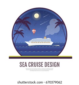 Flat style design of Cruise liner in the ocean. Night scene