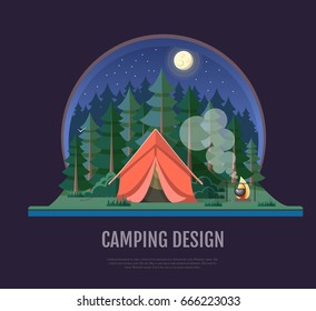 Flat style design of forest landscape and camping. Night scene