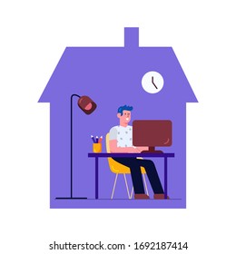 Diseño de estilo plano. Hombre independiente que trabaja en la ilustración de vectores de telecomunicaciones en casa trabaja desde casa