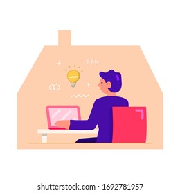 Flat Style Design. Freelancer Man Working at Home Telecommuting Vector Illustration Work from Home