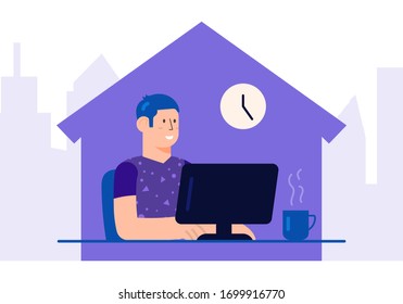 Flat Style Design. Freelancer Man Working at Home Telecommuting Vector Illustration Work from Home