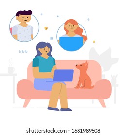Flat Style Design. Freelancer Working at Home Telecommuting Vector Illustration