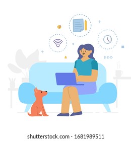 Flat Style Design. Freelancer Working at Home Telecommuting Vector Illustration