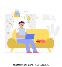 Diseño de estilo plano. Autónomo trabajando en la ilustración del vector de telecomunicaciones en casa