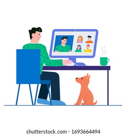 Flat Style Design. Freelancer Working From Home Telecommuting In  Video Chat Video Conference Vector Illustration