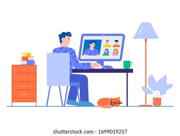 Flat Style Design. Freelancer Working from Home Telecommuting in  Video Chat Video Conference Vector Illustration