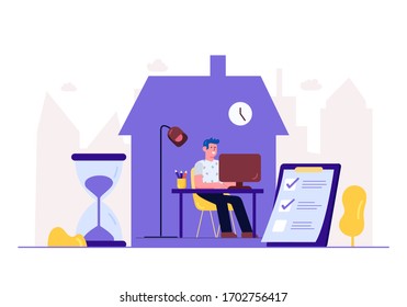 Flat Style Design. Freelancer Working From Home Telecommuting Vector Illustration