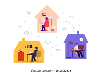 Flat Style Design. Freelancers Working at Home Telecommuting Vector Illustration Work from Home