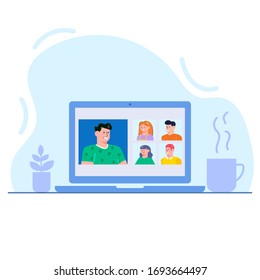Diseño de estilo plano. Autónomos que trabajan desde la telecomunicación doméstica en videoconferencia de videochat Ilustración vectorial