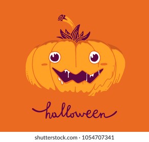 Flat style design for halloween greeting card, poster, web, site, banner. Vector halloween illustration of decorative orange pumpkin with eyes, smile, saliva and word halloween on color background