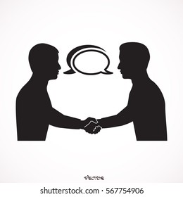 Flat style design icon. Business people meeting, handshake speech bubbles. Vector illustration. Icon Isolated on White Background.