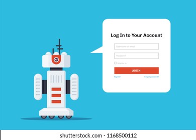 Flat style design for login web page. Robot icon with speech bubble for login form.
