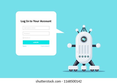 Flat style design for login web page. Robot icon with speech bubble for login form.