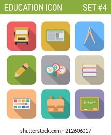 Flat style design long shadow education vector icon set. Schoolbus, notebook, palette, abc, compasses, knapsack, abc, blackboard, pencil. Flat web and app icons collection.